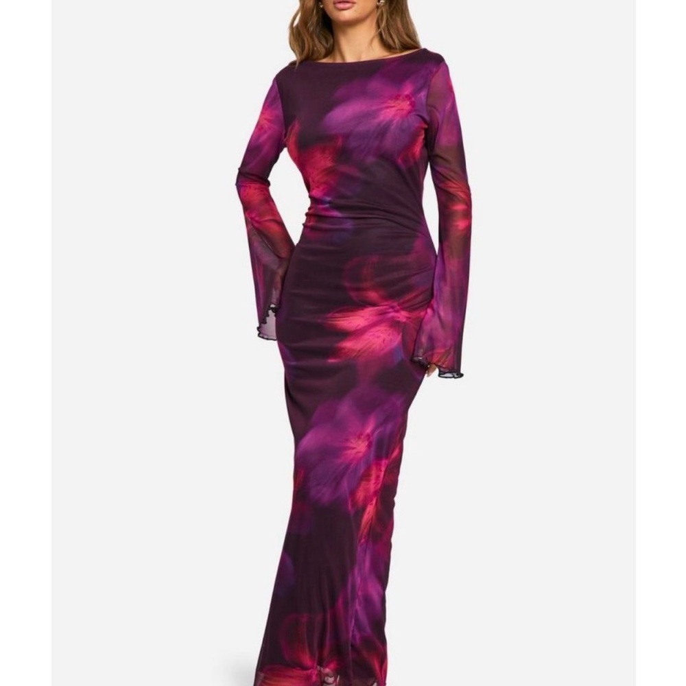 Boohoo Vibrant Purple and Pink Long Sleeve Dress